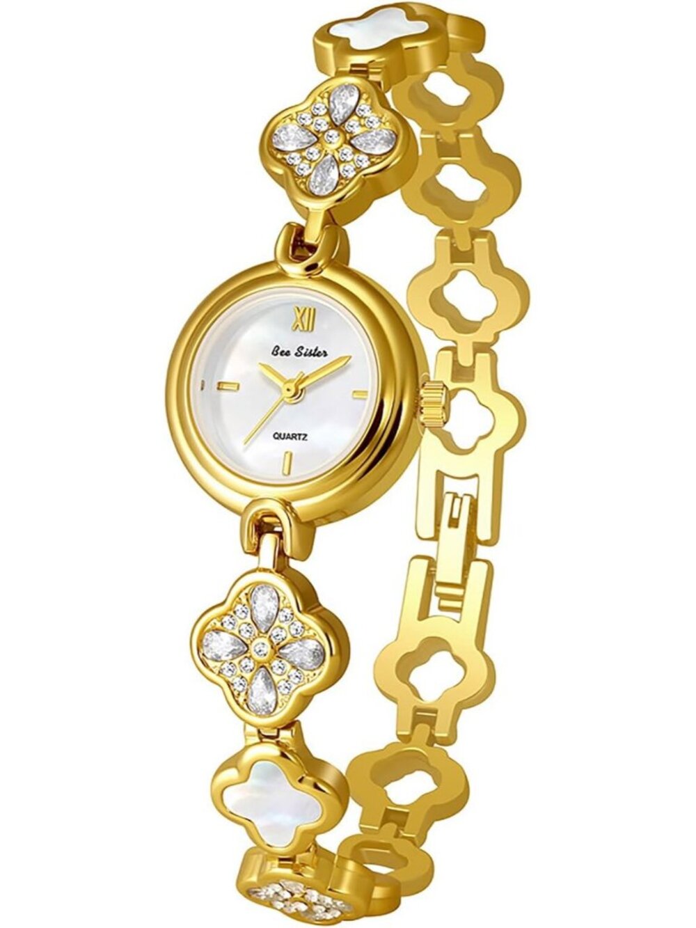 Women's Gold White Luxury Ladies Hollow Four Leaf Grass Bracelet Chain Watch